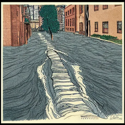 Image similar to water flowing through the streets in brooklyn, color, front view, drawing by moebius