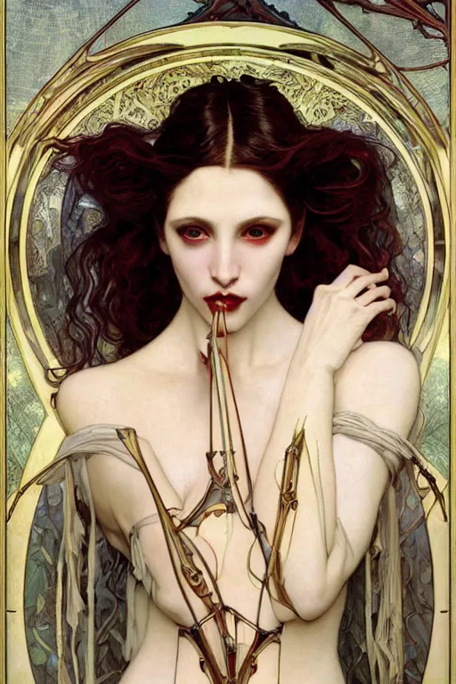 Prompt: masterpiece painting of beautiful vampire girl by donato giancola, darius zawadzki and tom bagshaw, face by artgerm and edmund leighton, alphonse mucha, background by james jean and h. r. giger, 8 k, biomechanical horror, majestic, volumetric lighting, porcelain skin, french nouveau, trending on pixiv