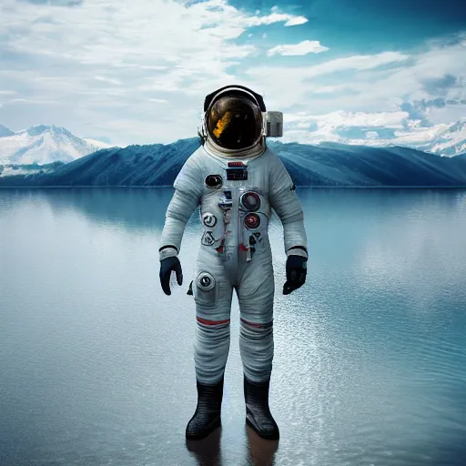 Prompt: ultra-realistic octane render of astronaut standing in the water of Lake Baikal and looking at the mountains. Trending on artstation