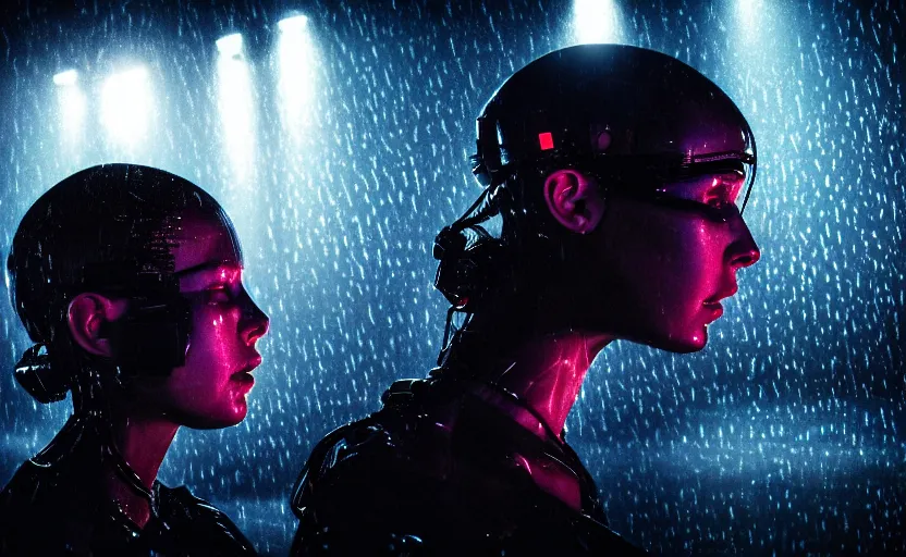 Image similar to cinestill 5 0 d candid photographic portrait by steven spielberg of two loving female androids sobbing wearing rugged black mesh techwear in treacherous waters, flooded city, medium closeup, retrofuturism cyberpunk moody emotional cinematic, pouring iridescent rain bright spotlight helicopter, 8 k, hd, high resolution, 3 5 mm, f / 3 2, ultra realistic faces, ex machina