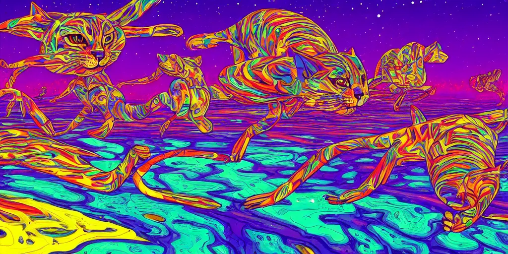 Image similar to electric cats that fly over ice, a lot of tv screens around, shrimps are all over the ground, acid and dreaming psychedelic hallucinations, by moebius, colorful flat surreal design, hd, 8 k, artstation