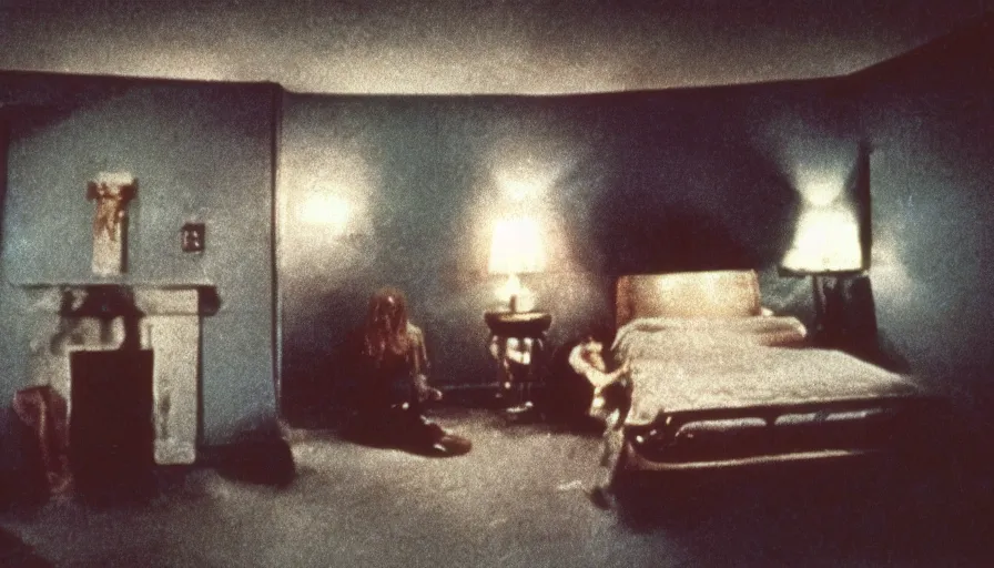 Prompt: 7 0 s film still from a horror movie about an exorcism in an old living room, kodachrome, cinecolor, cinestill, photorealism, cinematic, film grain, film texture, vhs recording