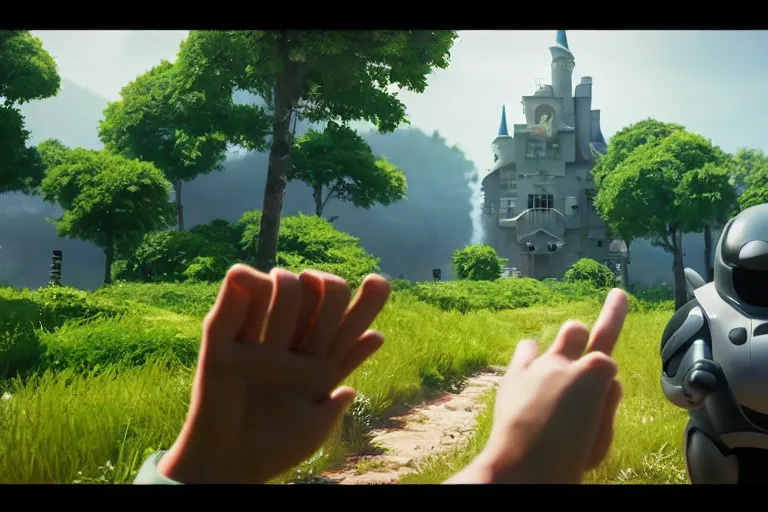 Image similar to game trailer of a semi realistic first person studio ghibli, pixar and disney animation, sharp, shooter game trailer on victorian castle, castle landscape, cinematic lighting, ray tracing, unreal engine 5, photorealistic