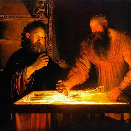 Prompt: God of forging and fire hephaistus creating the first artificial neural network in his volcanic smokey laboratory, hephaistos has a beard and a cape and is very strong, cinematic lighting, dark background, painting by caravaggio, painting by rembrandt, oil on canvas