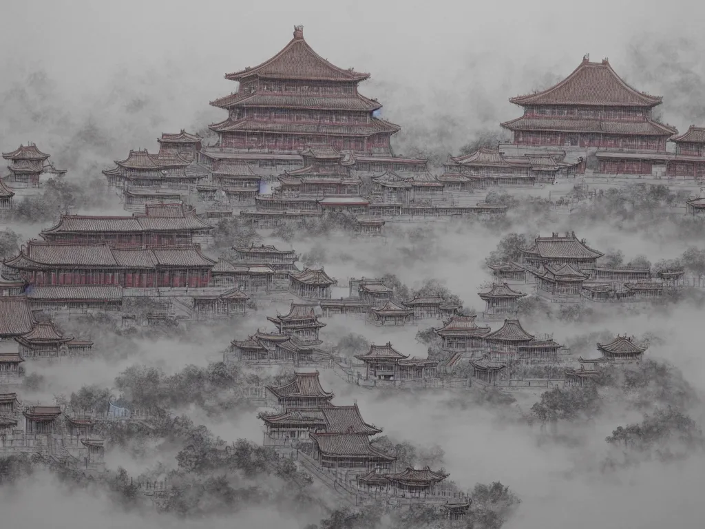 Prompt: forbidden city, highly detailed, cinematic landscape ， ink painting ， foggy