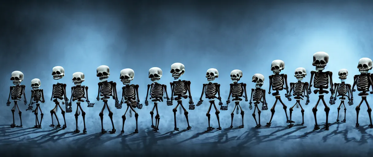 Prompt: hyperrealistic supercute skeleton army ute osterwald jason limon professional concept art dramatic blue lighting wide angle hd 8k sharp shallow depth of field