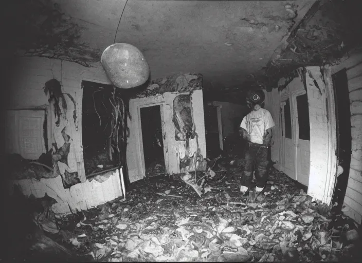 Image similar to 1 9 9 3, disposable camera, flash, pov, old abandoned house, male : creature, standing, meat, ooze, slime, veins, wet