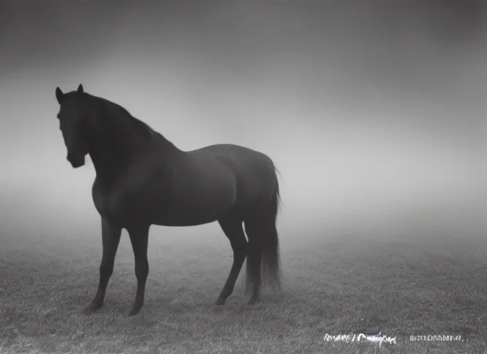 Prompt: an underexposed kodak 500 photograph of a horse with an insect head in the mist, muted color