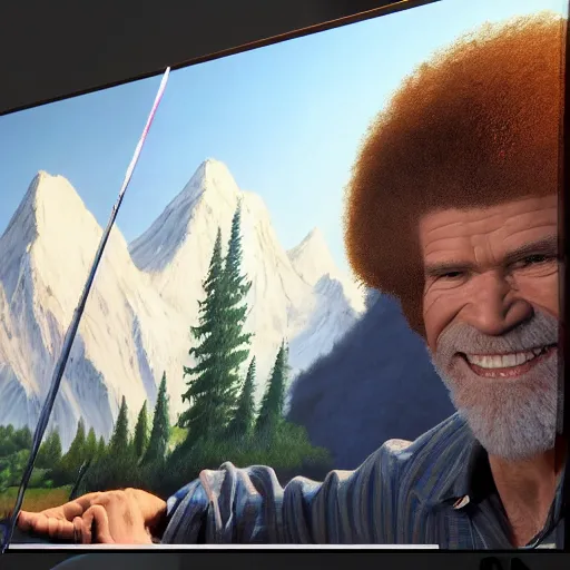 Image similar to a closeup photorealistic photograph of bob ross working on a canvas painting of spiderman. film still. brightly lit scene. mountains and trees. this 4 k hd image is trending on artstation, featured on behance, well - rendered, extra crisp, features intricate detail, epic composition and the style of unreal engine.