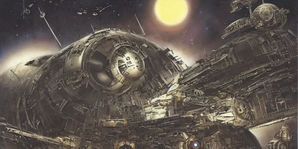 Image similar to a steampunk death star by doug chiang and ralph mcquarrie, a spaceship approaches the wreckage of a derelict in deep space,