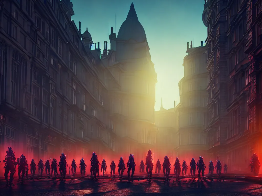 Image similar to an army of beautiful cyborgs of the elder gods in the city of London, London streets in background, colourful, dramatic lighting, golden hour, very detailed octane render very realistic beautiful