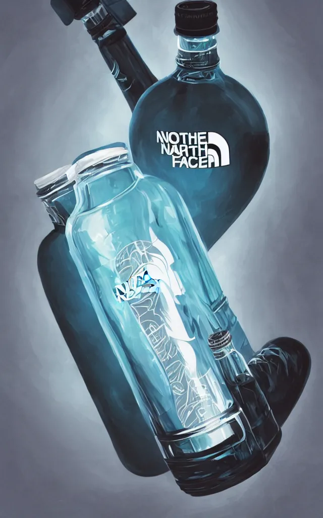 Prompt: the north face transparent bottle, round bottle, black top, filled with luminous wihite liquid, concept art, matte, sharp focus, illustration, art by aenaluck, artgerm, modern