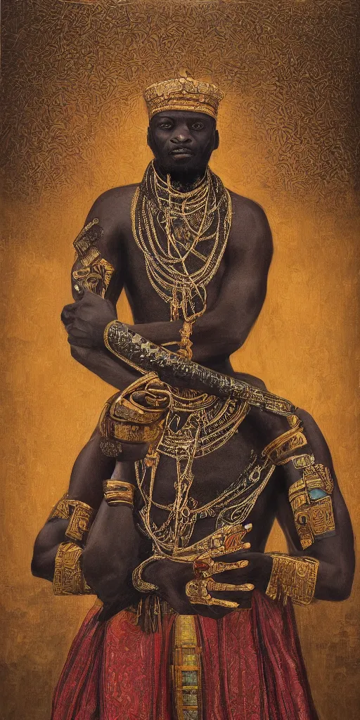 Image similar to a stunning and noble highly detailed romantic period style portrait of Mansa Musa by Josep Tapiró Baró, trending on artstation, oil painting masterpiece, symmetry, African iconography