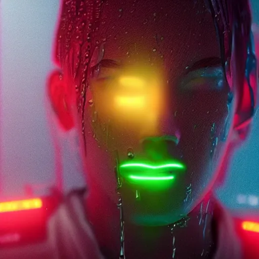 Image similar to a human made out of rain, neon, rendered in octane, unreal engine, highly detailed, realistic, beautiful, emotional