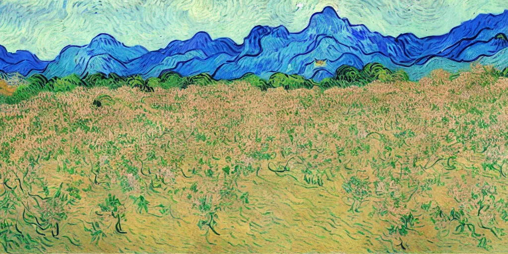 Prompt: a peach blossom forest on the shore, the fallen flowers are colorful, mountains behind and pass shines through bright light, by Vincent van Gogh