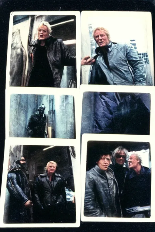 Image similar to old polaroids with rutger hauer, ford, sir ridley taken on the set of blade runner, 1 9 8 2