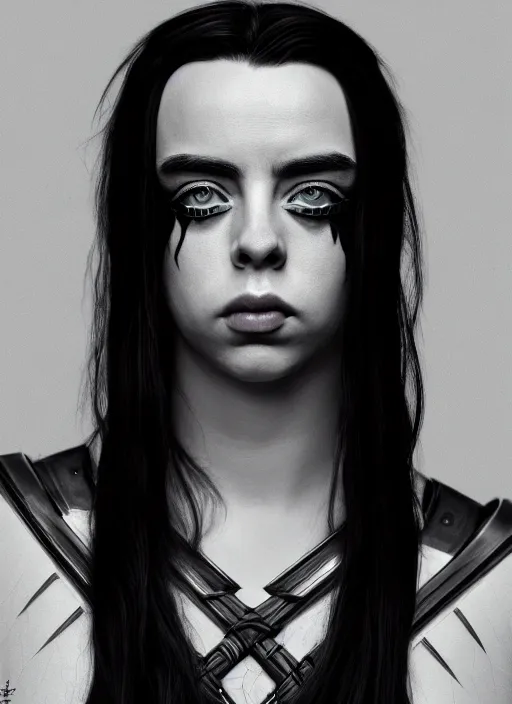 Image similar to Billie Eilish as female loki by, hyper detail, hyper realistic, octane render, noir, gorgeous symmetrical face, elegant,