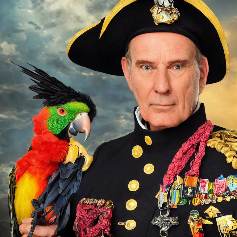 Prompt: close - up octane render portrait by wayne barlow and carlo crivelli and glenn fabry, an extremely elegant bold stern well - dressed admiral in a very powerful uniform, holding a colorful parrot, inside a colorful highly - themed nautical bar, very short depth of field, bokeh