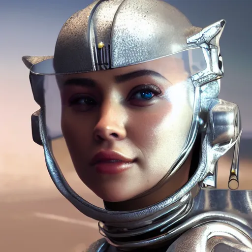 Image similar to closeup portrait of barbarella queen of the galaxy, silver space suit, intricate, unreal engine 5 rendered, octane rendered, art style by klimt and nixeu and ian sprigger and wlop and krenz cushart