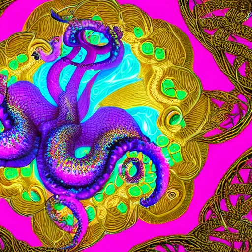 Image similar to a dramatic and beautiful digital matte painting of large iridescent octopus with legs made of fractal celtic knots, trending on cgartist, hi-fructose, mandala, string wall art, ultra detailed 8k