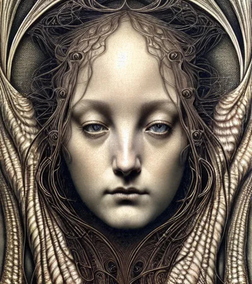 Image similar to detailed realistic beautiful anodized goddess face portrait by jean delville, gustave dore, iris van herpen and marco mazzoni, art forms of nature by ernst haeckel, art nouveau, symbolist, visionary, gothic, neo - gothic, pre - raphaelite, fractal lace, intricate alien botanicals, biodiversity, surreality, hyperdetailed ultrasharp octane render