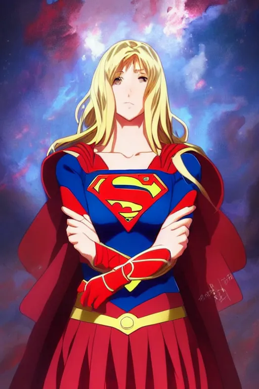 Image similar to anime key visual of a beautiful female supergirl!! intricate, red, blue gold suit, powers, speed, dc comics, cinematic, stunning, highly detailed, digital painting, artstation, smooth, hard focus, illustration, art by artgerm and greg rutkowski and alphonse mucha