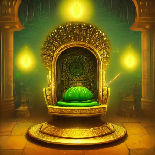 Image similar to a green avocado armchair in the center of golden ancient temple, illuminated by narrow light beam , fantasy illustration, trending on artstation, deviantart, very realistic, 4k