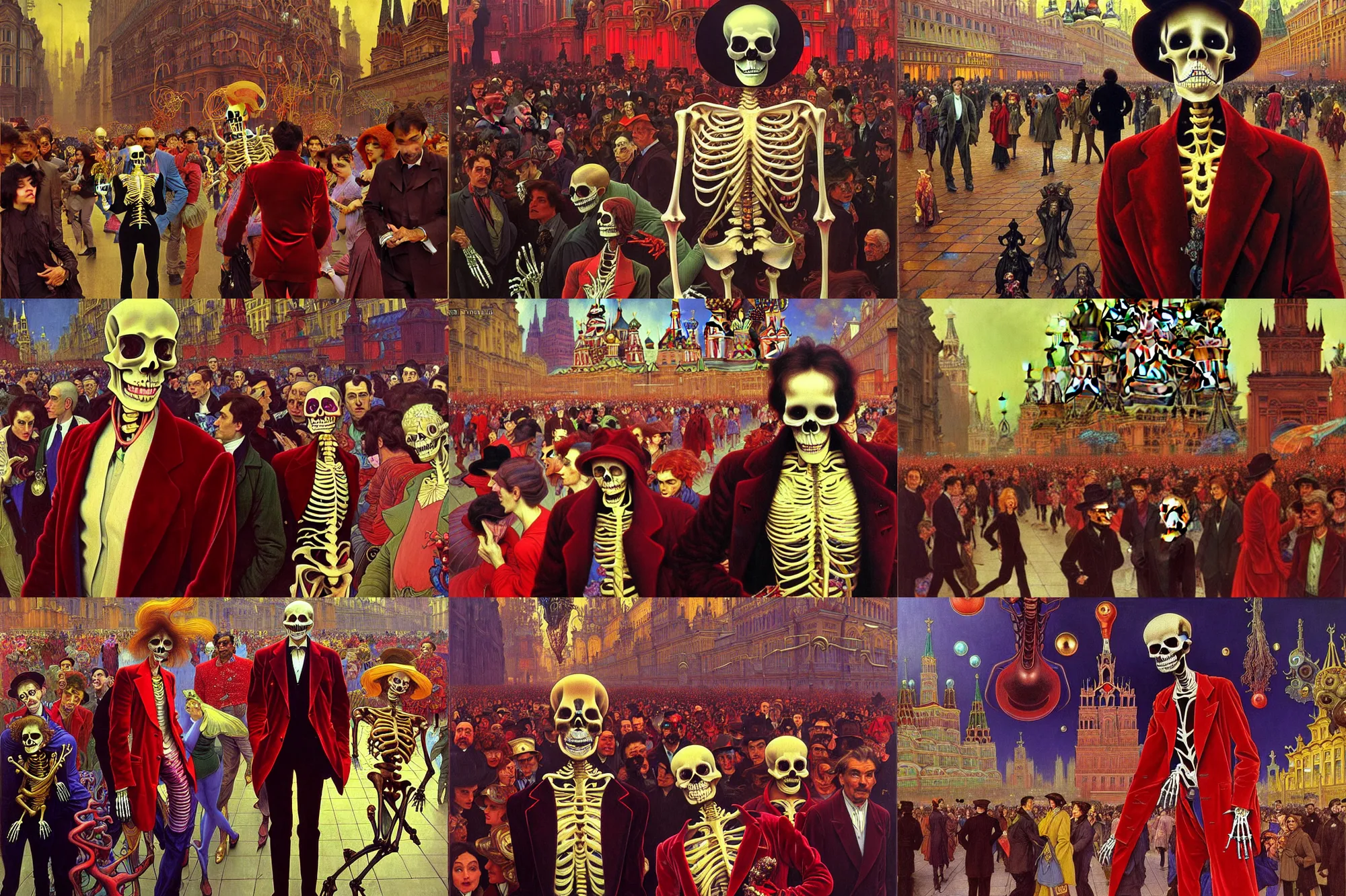 Prompt: realistic detailed portrait painting of a single glowing skeleton wearing crimson velvet blazer in a crowded futuristic moscow street by denis villenueve, amano, yves tanguy, alphonse mucha, ernst haeckel, ilya repin, edward robert hughes, andrei tarkovsky, roger dean, rich moody colours, closeup