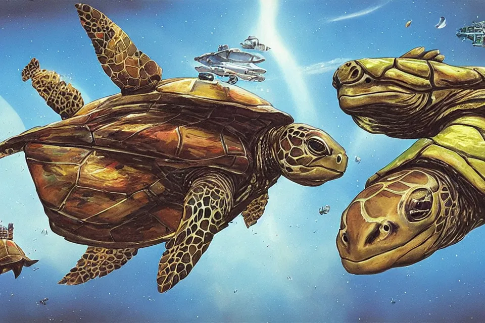 Prompt: an epic chris foss painting of a turtle spaceship and a carp spaceship.