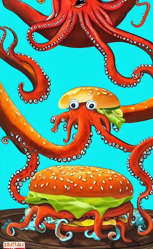 Prompt: highly detailed illustration of octopus attacking a cheeseburger, poster, symmetrical, 8 k, trending on artstation