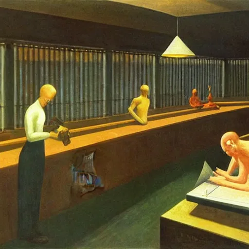 Prompt: scientists programming a doomsday device in a dome - shaped control center, grant wood, pj crook, edward hopper, oil on canvas