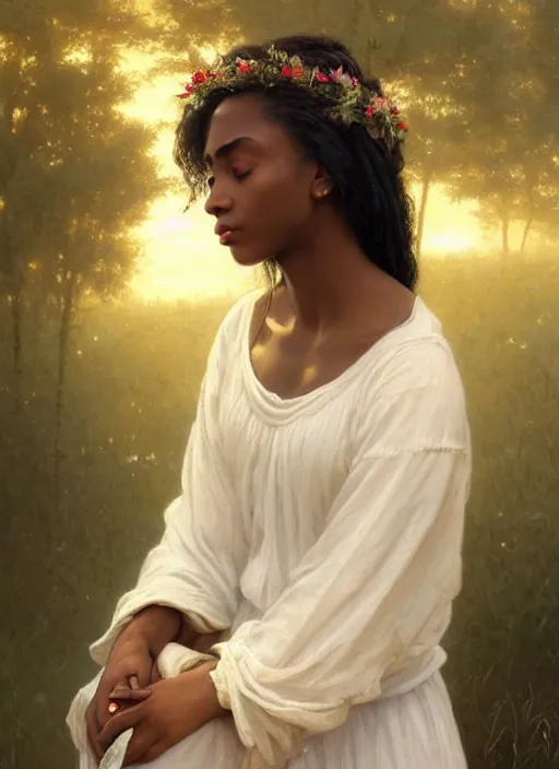 Image similar to oil painting close up portrait of a serene young black woman with long dark flowing hair in a white dress, wearing a crown of wildflowers!! at sunset, hazy, digital art, chiaroscuro, artstation, cinematic, golden hour, digital art painting by greg rutkowski, william - adolphe bouguereau, hazy atmosphere, cinematic lighting