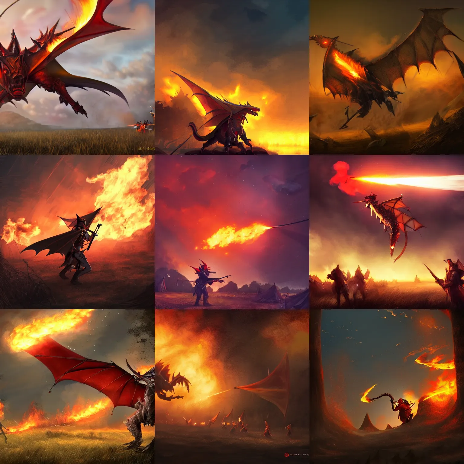 Prompt: wyvern shooting fire at tents on a plain, at night, fantasy art, artstation, dnd, dramatic lighting, concept art, 4 k, hyper realistic