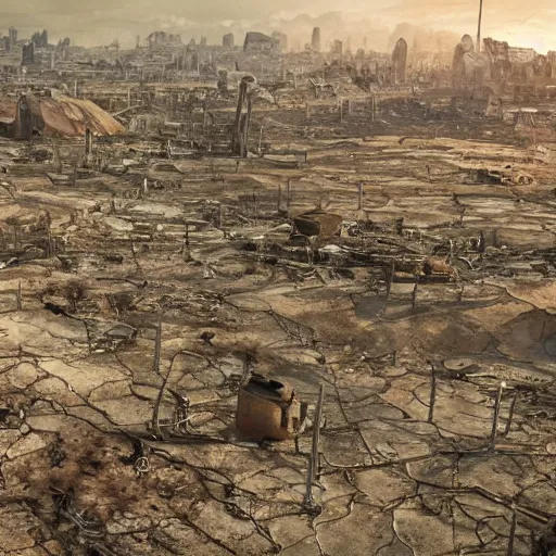 Image similar to survivors of a dystopian future with a view of a landscape devastated by an apocalyptic war, photorealistic, 4 k, ultra fine detail,