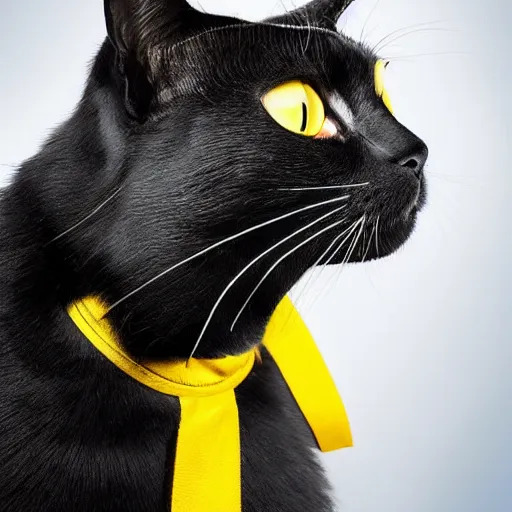 Image similar to a black cat with yellow eyes wearing knight armor, realistic photograph, studio lighting