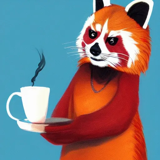 Image similar to anthropomorphic red panda drinking coffee in a cafe, character art, painting, trending on artstation