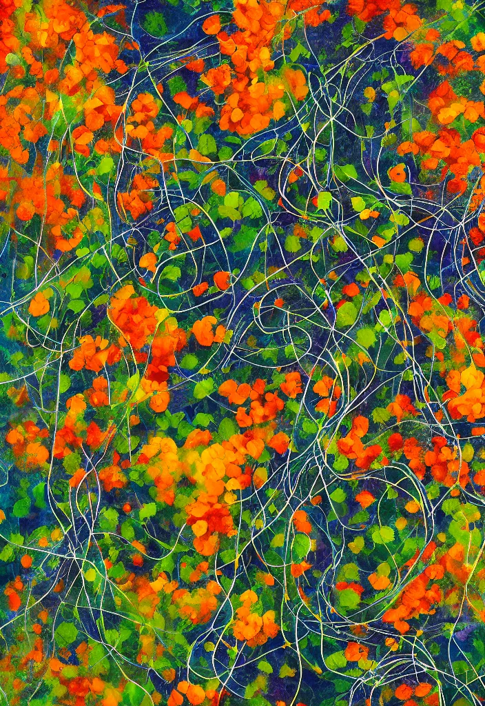 Image similar to award winning abstract expressionism artwork about entangled sunflowers and falling nasturtiums with vines, high definition, fine details, closeup, volumetric lighting