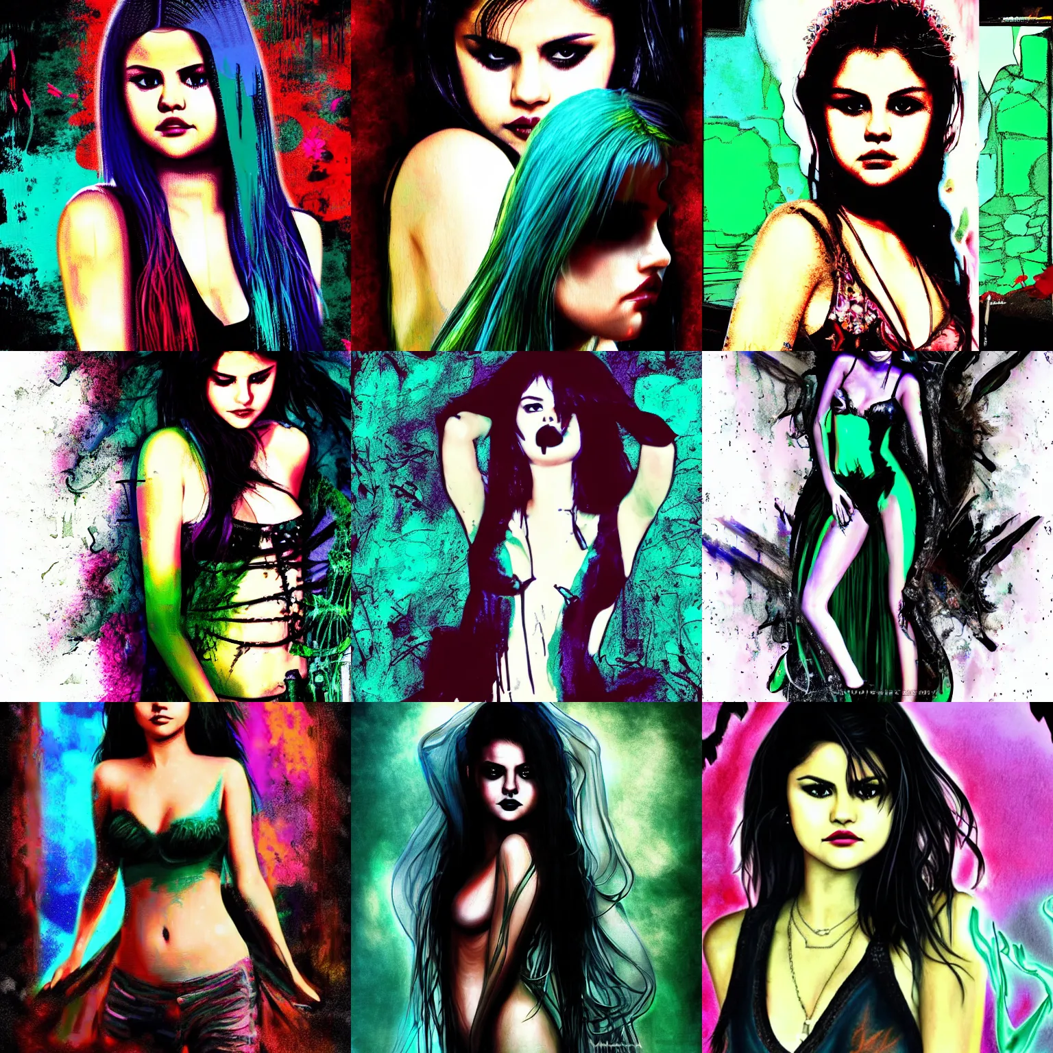Prompt: Selena Gomez, cinematic flavor, rich decaying colors!, digital painting, skull liminal void background, a photographic picture taken but Morrigan Aensland