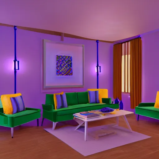 Prompt: hd photo of a living room, designed by henri matisse paintings, neon lights ceiling, unity, unreal engine, 8 k, photorealism