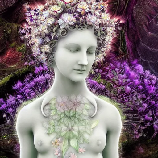 Image similar to an idealistic marble statue with fractal flowery hair in a fractal garden, glowing delicate flower and mushrooms that grow in a dark fatansy forest on the planet pandora,, symmetrical,