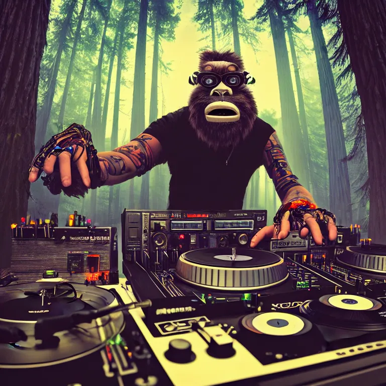 Prompt: a photograph portrait of an anthropomorphic cyberpunk bigfoot dj at the turntables spinning records, over the shoulder shot with a large dance crowd among the redwoods, detailed render, tape deck, boombox, headphones, epic composition, cybernetics, 4 k realistic, cryengine, realistic shaded lighting, sharp focus, masterpiece, by matteo scalera