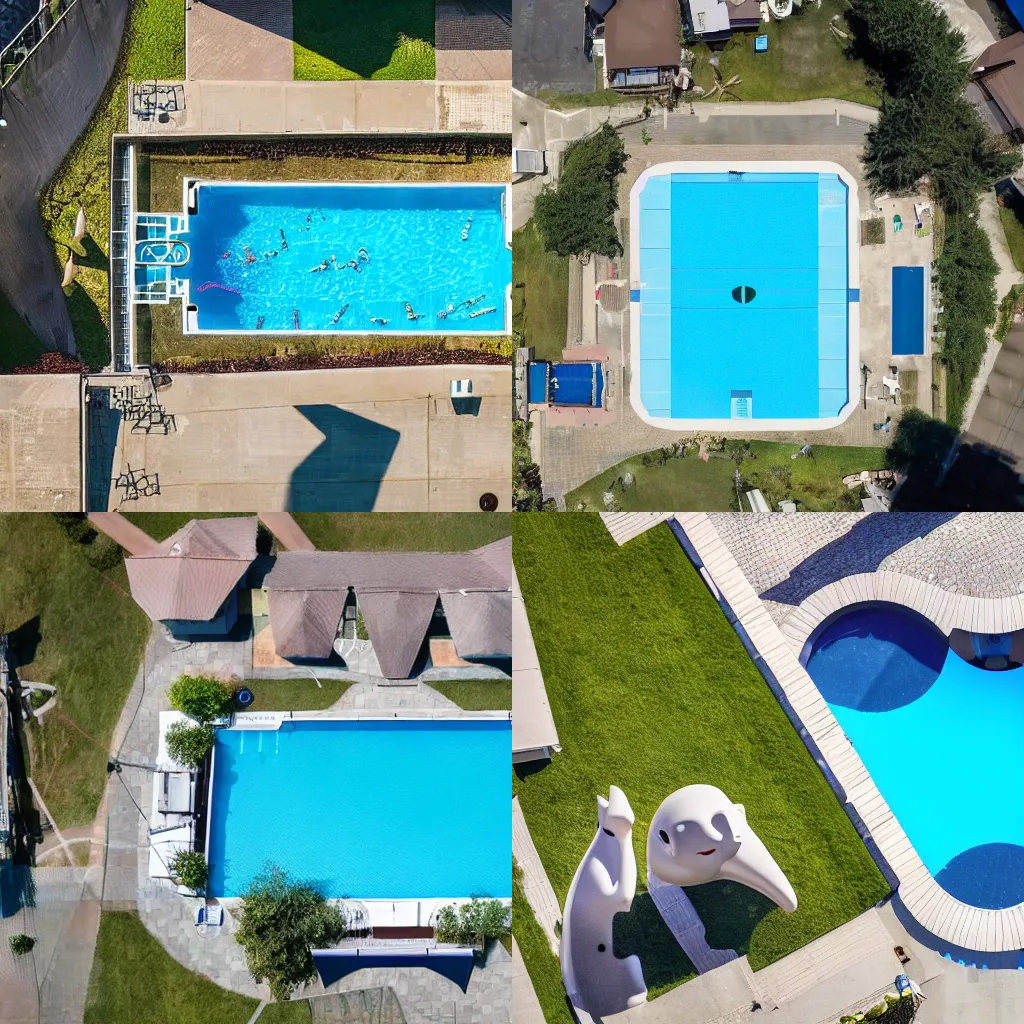 Prompt: drone footage of an outdoor swimming pool in the shape of a cat head, an outdoor swimming pool imitating a cat head