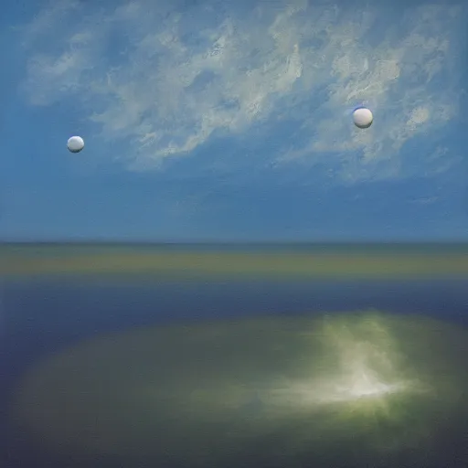 Prompt: spheres and ellipsoids floating over and reflected in the ocean ’ s surface, with majestic thunderheads in the background, pastoral lighting, abstract oil painting style