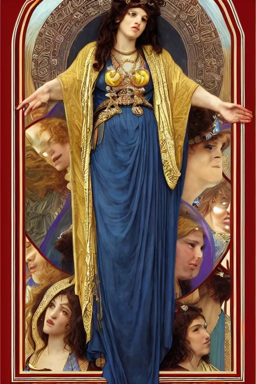 Image similar to Portrait of historically accurate, biblical, sneering, young, wicked, terrible, evil, pagan, beautiful, queen jezebel of ancient Israel, wearing gilded robes, long hair, intricate, elegant, highly detailed, masterpiece, illustration, art by artgerm and greg rutkowski and alphonse mucha and Wayne Barlowe and william-adolphe bouguereau, highly detailed, trending on artstation, award winning