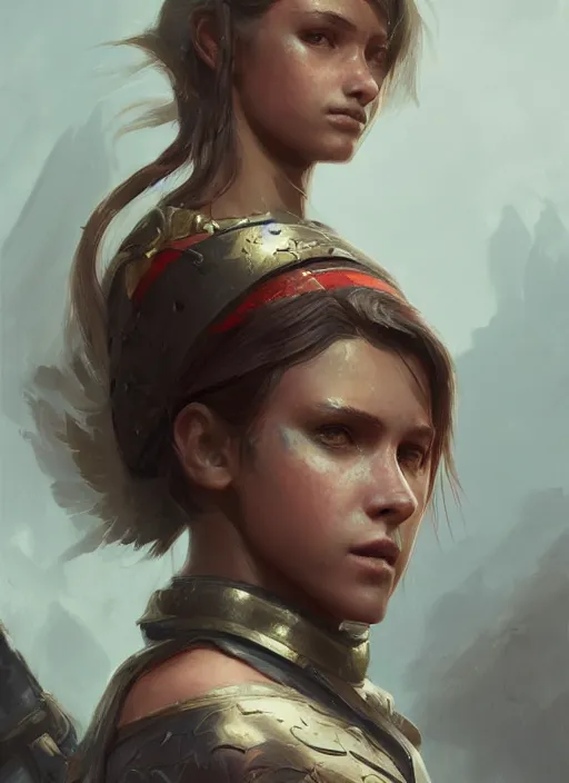 Image similar to A portrait of the warrior daughter in the style of in the style of Greg Rutkowski, heavenly bright light, style of Charles Sillem Lidderdale, artstation