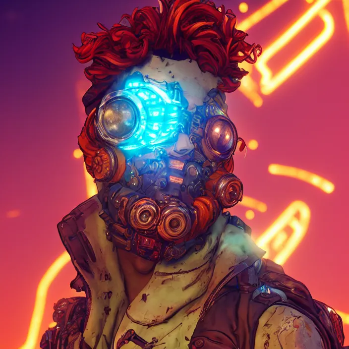 Image similar to glowwave portrait of curly orange hair man from borderlands 3, au naturel, hyper detailed, digital art, trending in artstation, cinematic lighting, studio quality, smooth render, unreal engine 5 rendered, octane rendered, art style by klimt and nixeu and ian sprigger and wlop and krenz cushart.