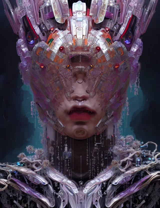 Image similar to asura from chinese myth, ghost, gorgeous and huge head ornaments, dystopian, cyberpunk, organic fractal mycelum and fungi, mecha, halfturn portrait of a big crystal face made of crystals half - turn, ominous, intricate, studio, art by anthony macbain + greg rutkowski + alphonse mucha, concept art, 4 k, sharp focus