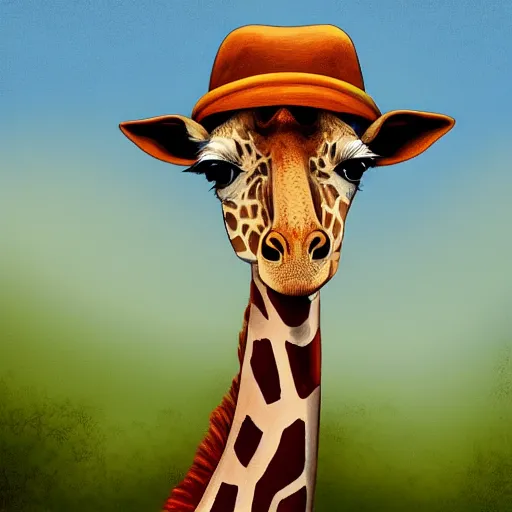 Prompt: A portrait of a giraffe with a beautiful hat, digital painting, wallpaper HD