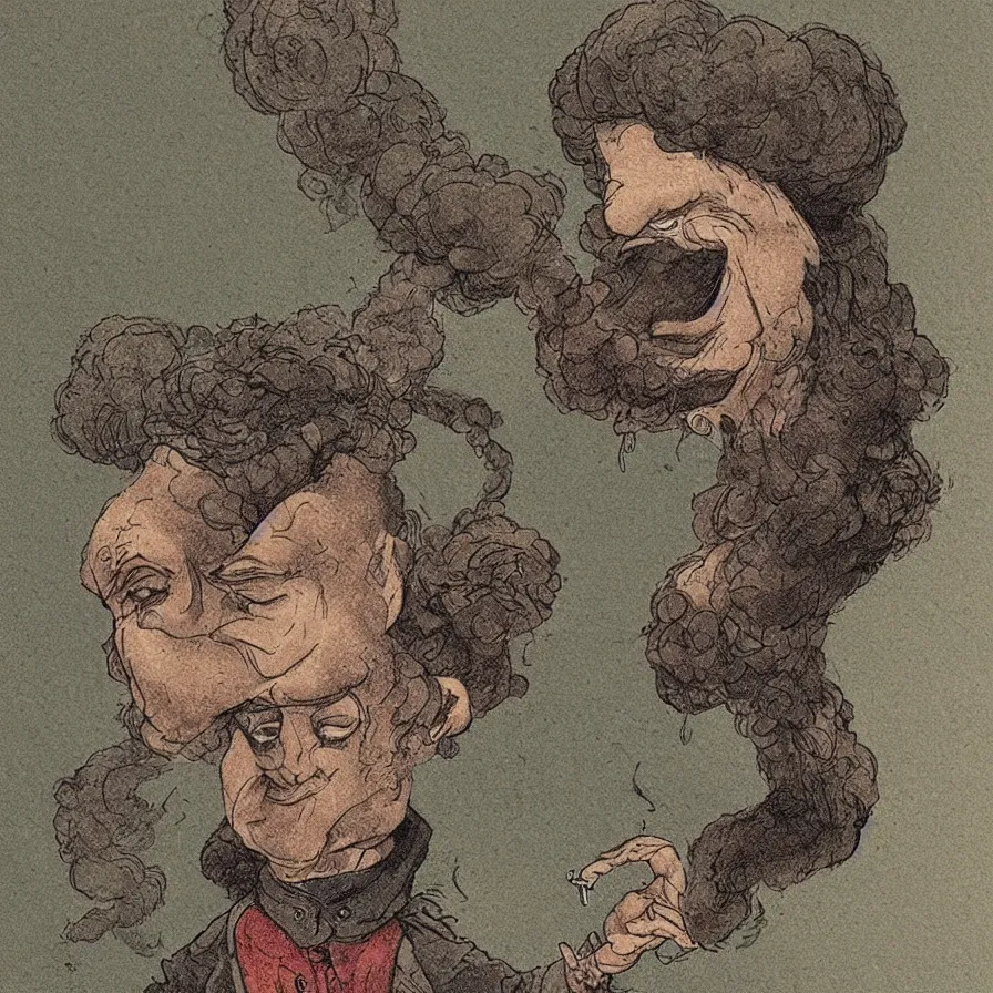 Prompt: An illustration of a character whose head has turned into smoke.