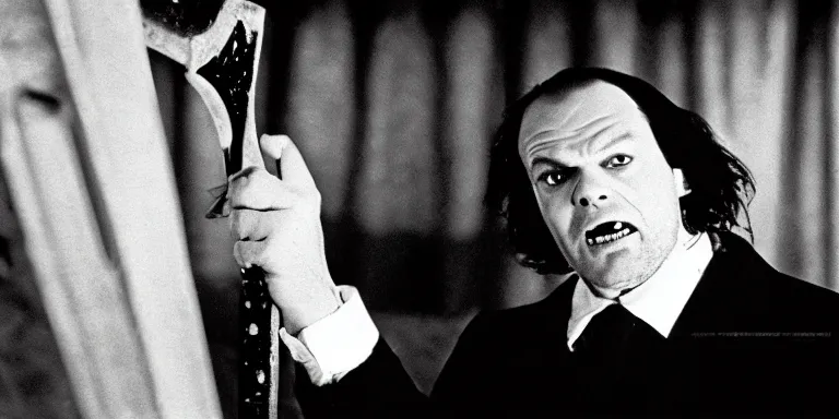 Image similar to photorealistic wide profile master shot cinematography of the character jack torrance played by jack nicholson from stanley kubrick's 1 9 8 0 film the shining sitting at the overlook hotel's gold ballroom bar starring at the camera with an axe shot on 3 5 mm eastman 5 2 4 7 film by the shining cinematographer john alcott on a 1 8 mm cooke panchro lens